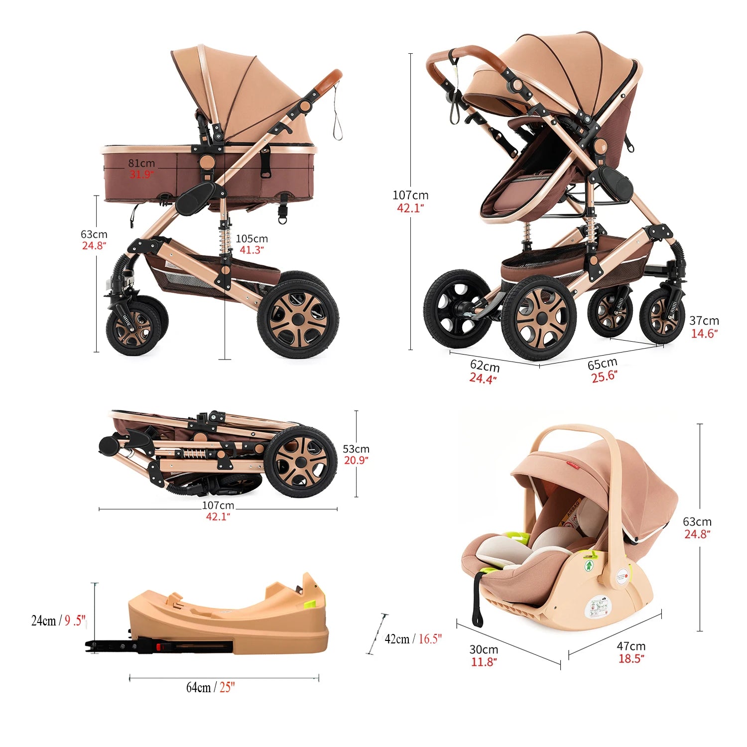 Infant Car Seat Combo Stroller Travel System for Newborn with Isofix Base,Baby Carriage 3in1 Reversible Stroller suit Toddler