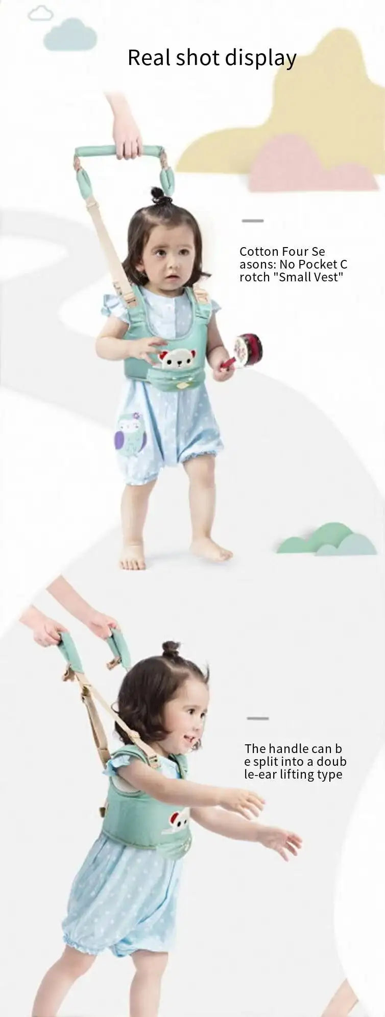 Adjustable Multifunctional Cotton Print Baby Walker Harness Cute Cartoon Removable Walking Aid Stand & Walk Training