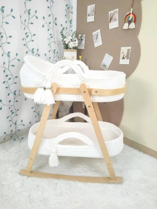 Newborn Baby Nest Lounger Cradle Crib with Wooden Frame Hand-Crocheted Bassinet Soft Mattress Portable Infant Sleeping Bed