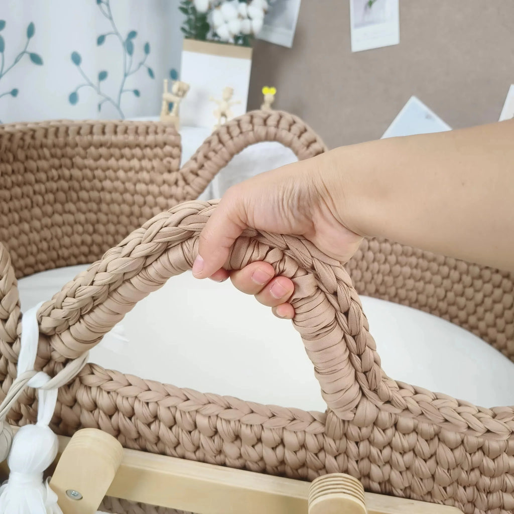 Newborn Baby Nest Lounger Cradle Crib with Wooden Frame Hand-Crocheted Bassinet Soft Mattress Portable Infant Sleeping Bed
