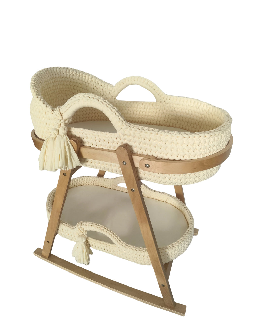 Newborn Baby Nest Lounger Cradle Crib with Wooden Frame Hand-Crocheted Bassinet Soft Mattress Portable Infant Sleeping Bed