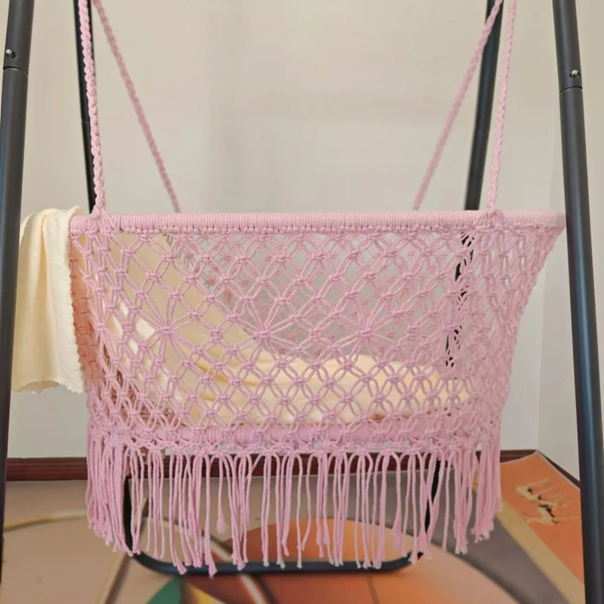 Nordic style hanging hammock baby cradle hand-woven products hollow mesh cotton rope baby fringed hammock manufacturer