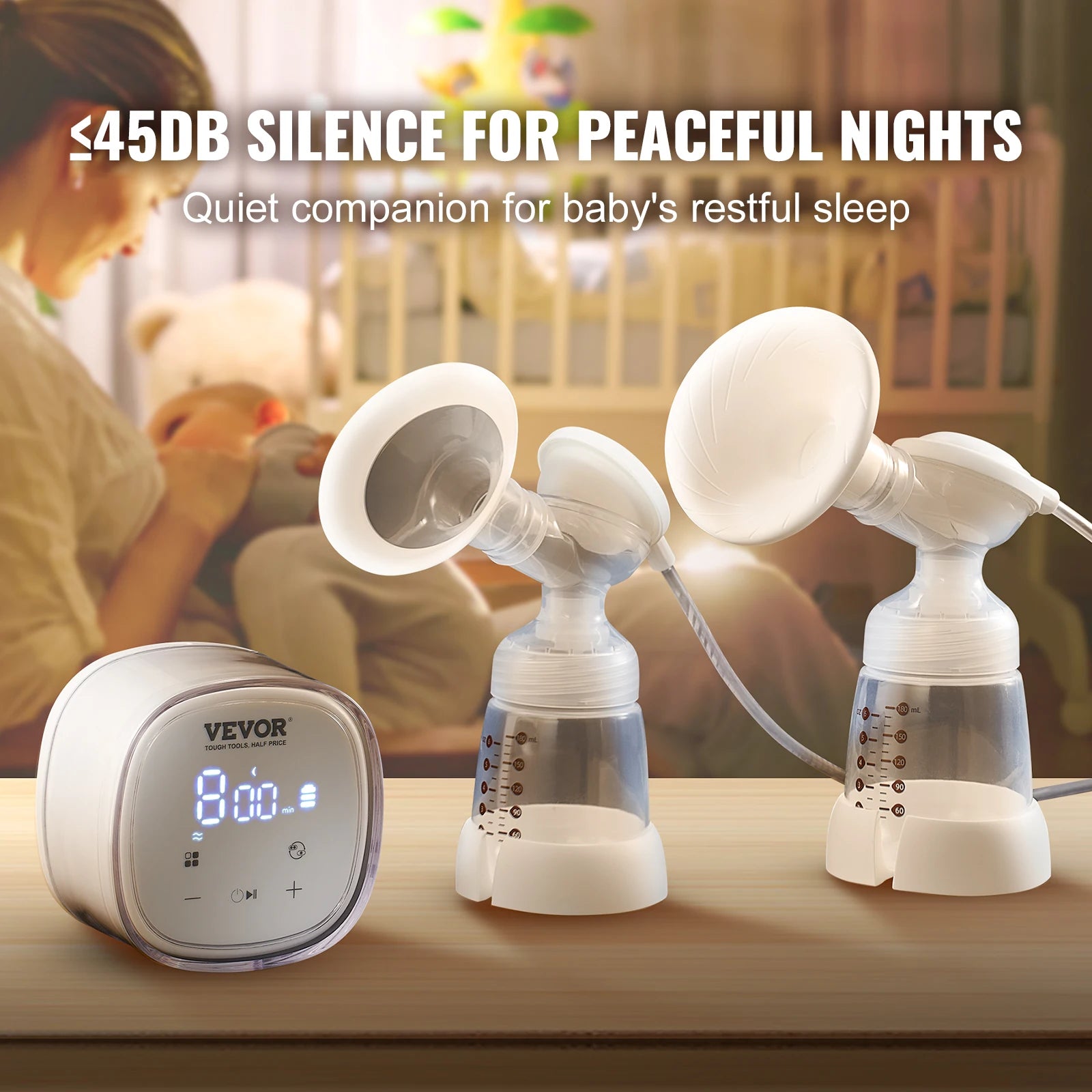 VEVOR Breast Pump Portable 2800mAH Rechargeable Double Electric Breast Pumps Anti-Backflow Breastfeeding Pump with LED Display