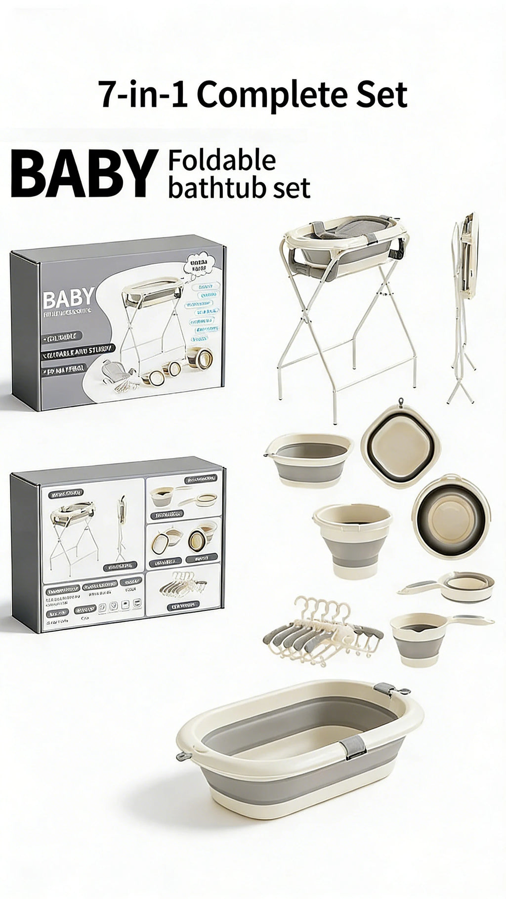 7-in-1 Baby Bath Tub Set with Temperature Display Folding Bathtub Non-Slip Stand Shower Table And Clothes Rack for Infants And