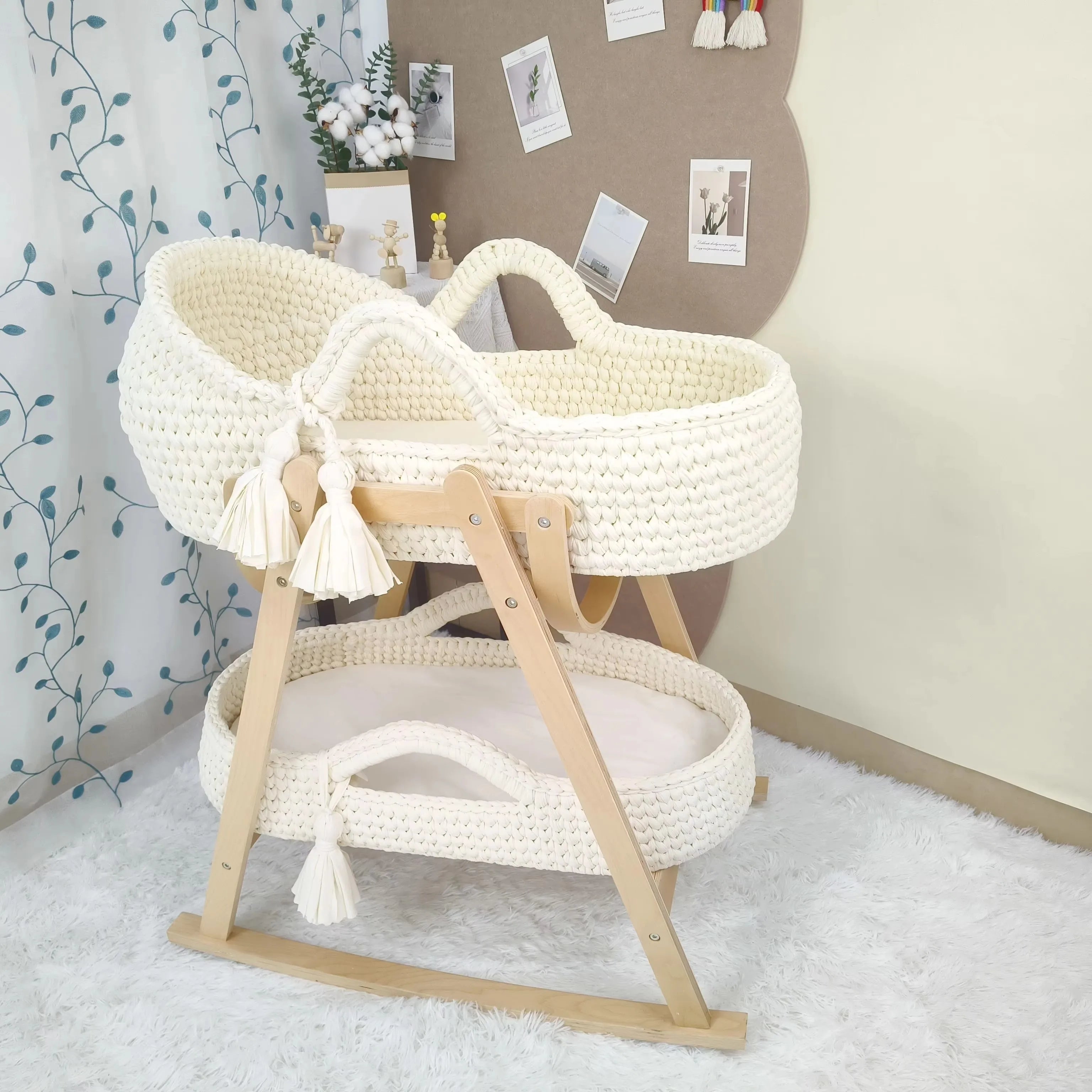 Newborn Baby Nest Lounger Cradle Crib with Wooden Frame Hand-Crocheted Bassinet Soft Mattress Portable Infant Sleeping Bed