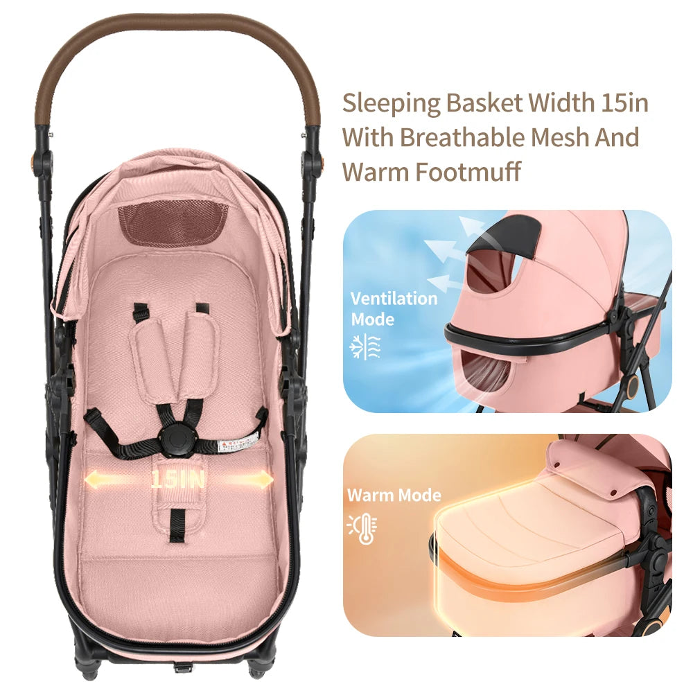 Reversible High-View Stroller ,Lightweight Foldable, Reclining Seat, Baby Stroller for 0-3 Years
