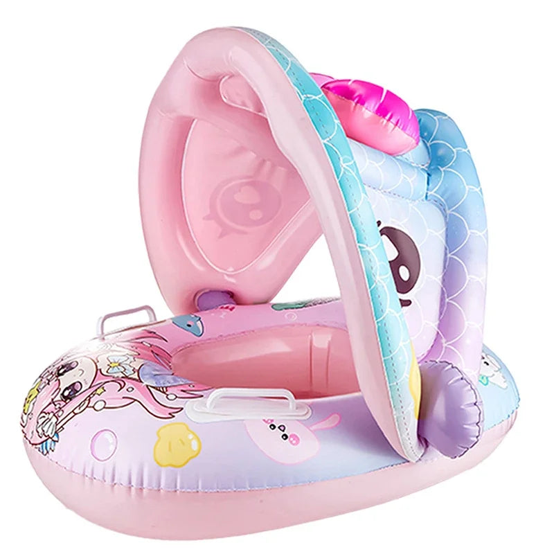 Cartoon Inflatable Toys Float Seat with Animal Printed Detachable Dual-purpose Shade Baby Water Toys Pool Bathroom Swimming Ring
