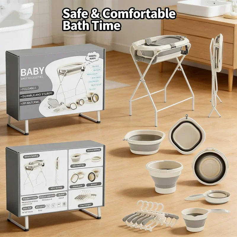 7-in-1 Baby Bath Tub Set with Temperature Display Folding Bathtub Non-Slip Stand Shower Table And Clothes Rack for Infants And