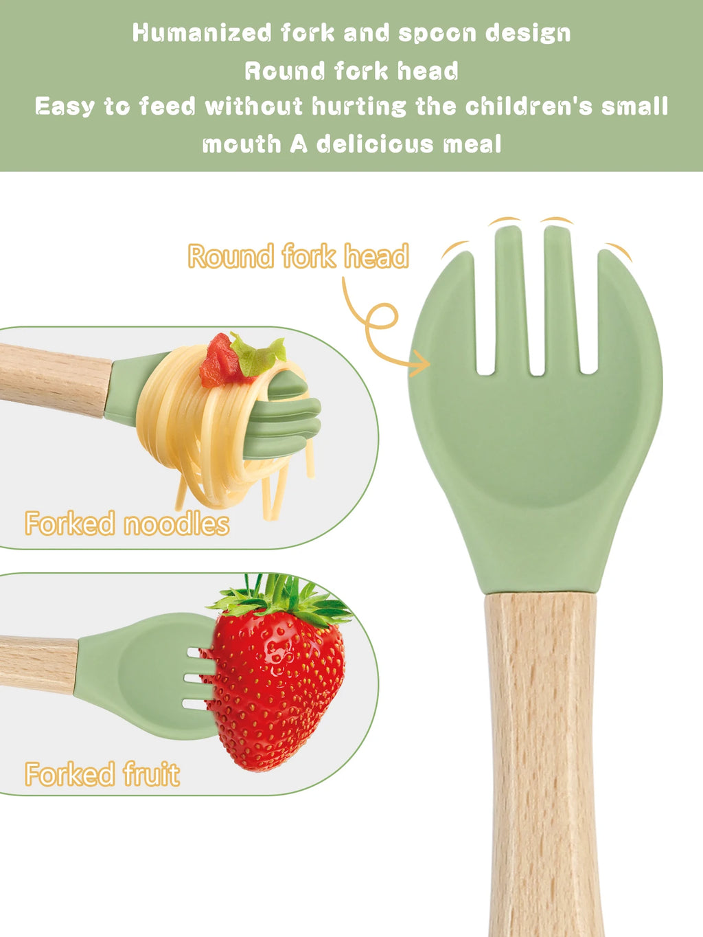 TYRY.HU Children's Tableware Set with Silicone Dining Plate Suction Wooden Handle Fork Spoon And Silicone Fruit Vegetable Bottle