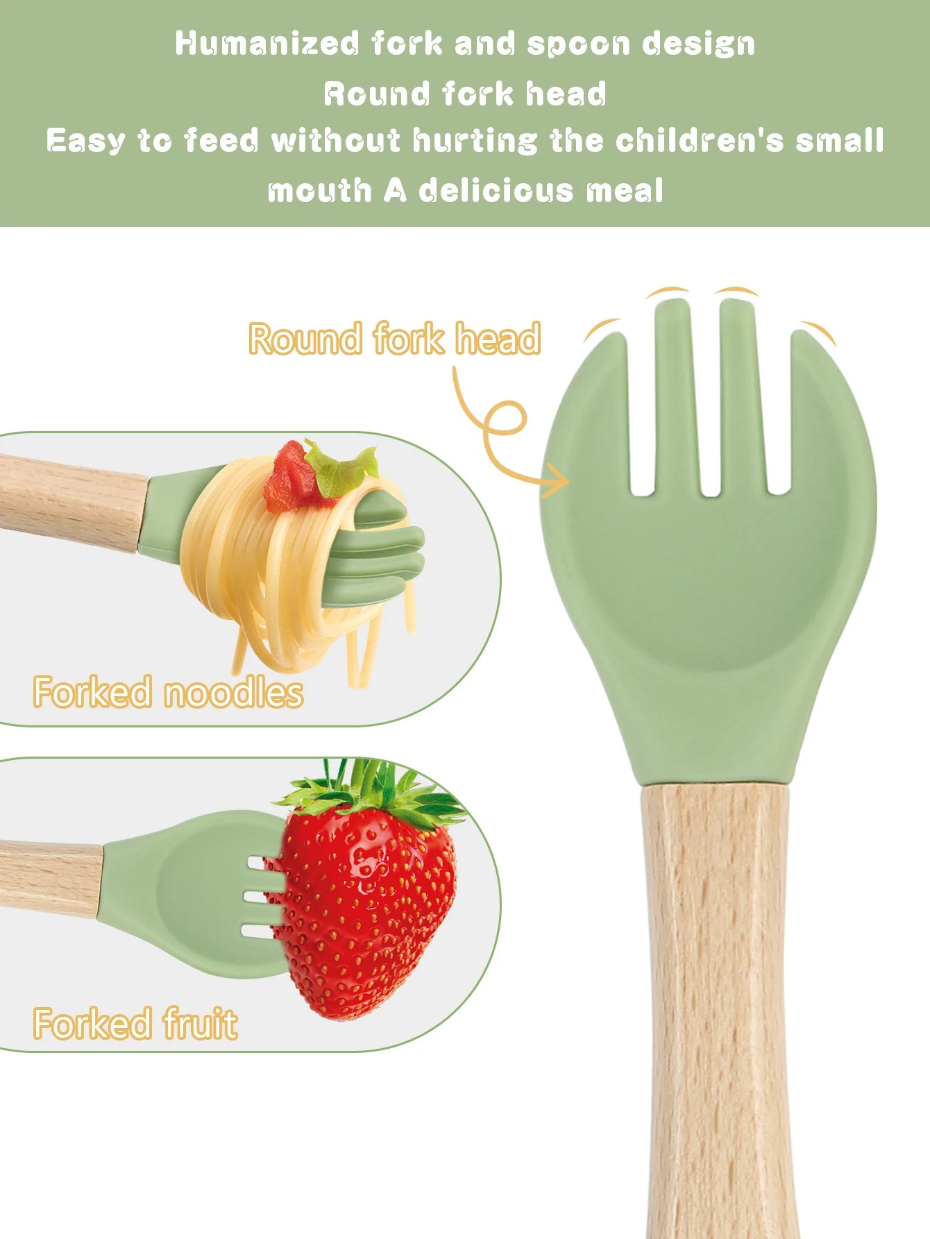 TYRY.HU Children's Tableware Set with Silicone Dining Plate Suction Wooden Handle Fork Spoon And Silicone Fruit Vegetable Bottle
