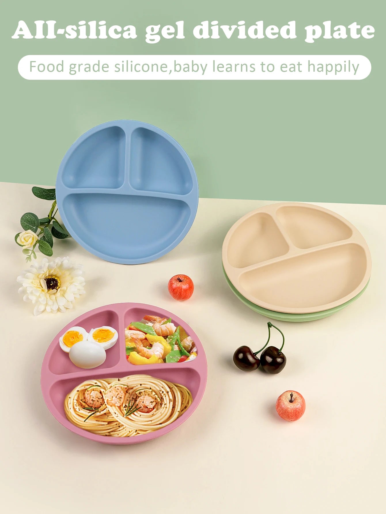 TYRY.HU Children's Tableware Set with Silicone Dining Plate Suction Wooden Handle Fork Spoon And Silicone Fruit Vegetable Bottle