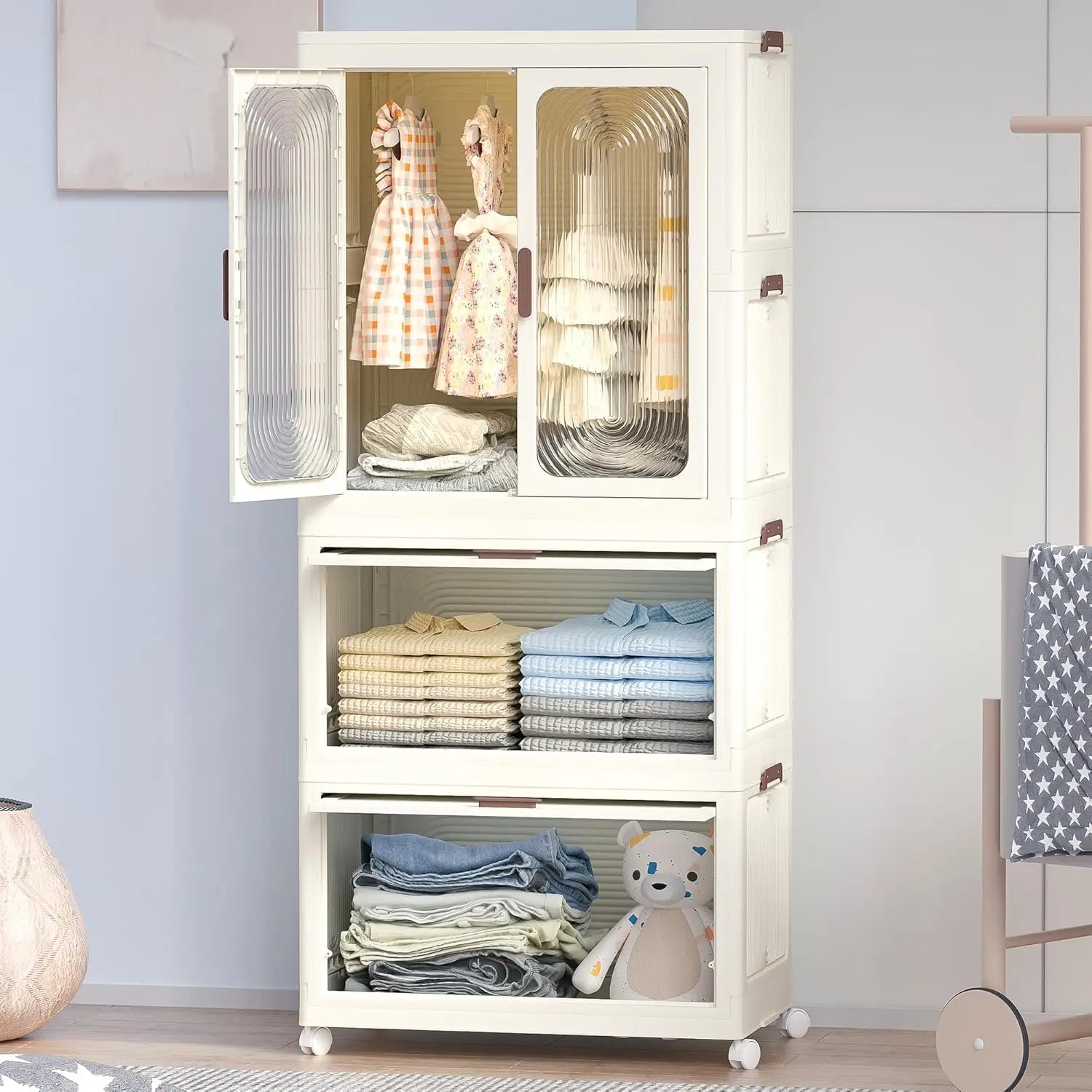 Portable Wardrobe Closet Storage Organizer 12 Magnetic Doors 12 Cubes 2 Hanging Rods 16 Hangers Baby Clothes Cabinet,Customized