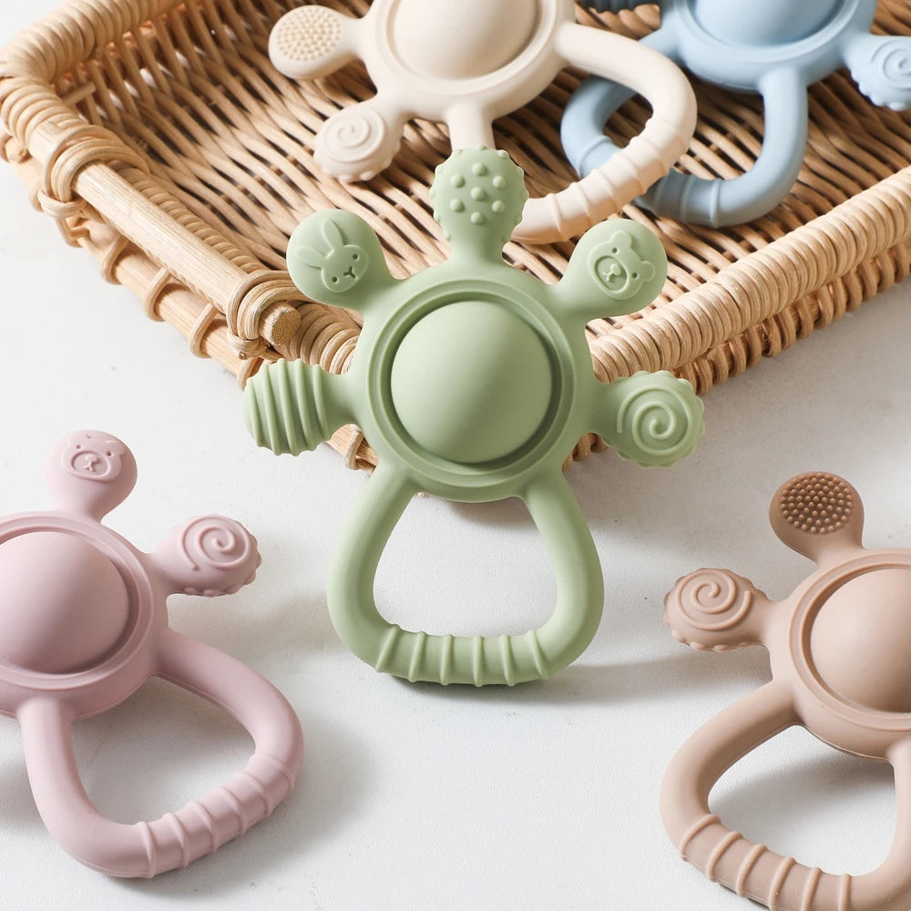 BPA Free Silicone Teether Food Grade Baby 0-12 Toys Teething Rattle Sensory Toys for Toddlers Silicone Hand Bell Soothing Toys