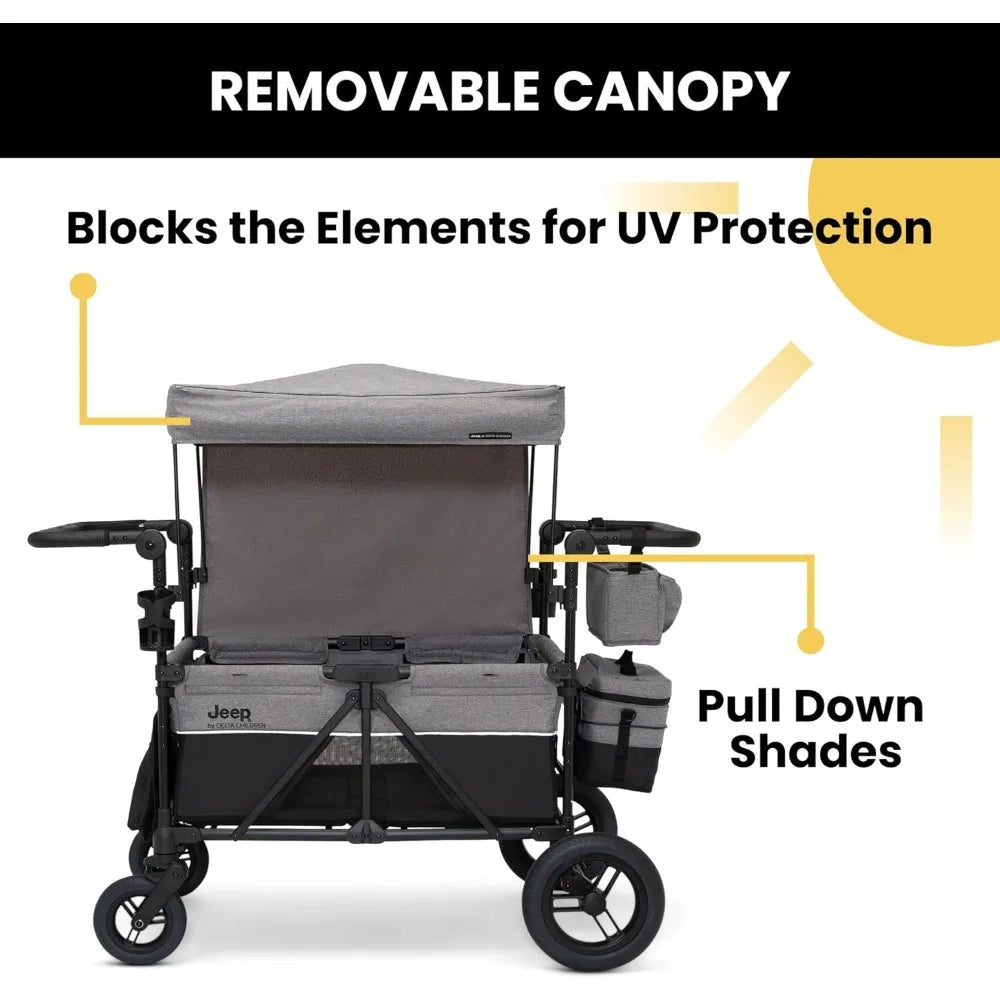 Furniture Accessories-Premium 4 Seater Stroller Wagon Convertible Seats Adjustable Push Pull Handles Removable Canopy Flat Fold