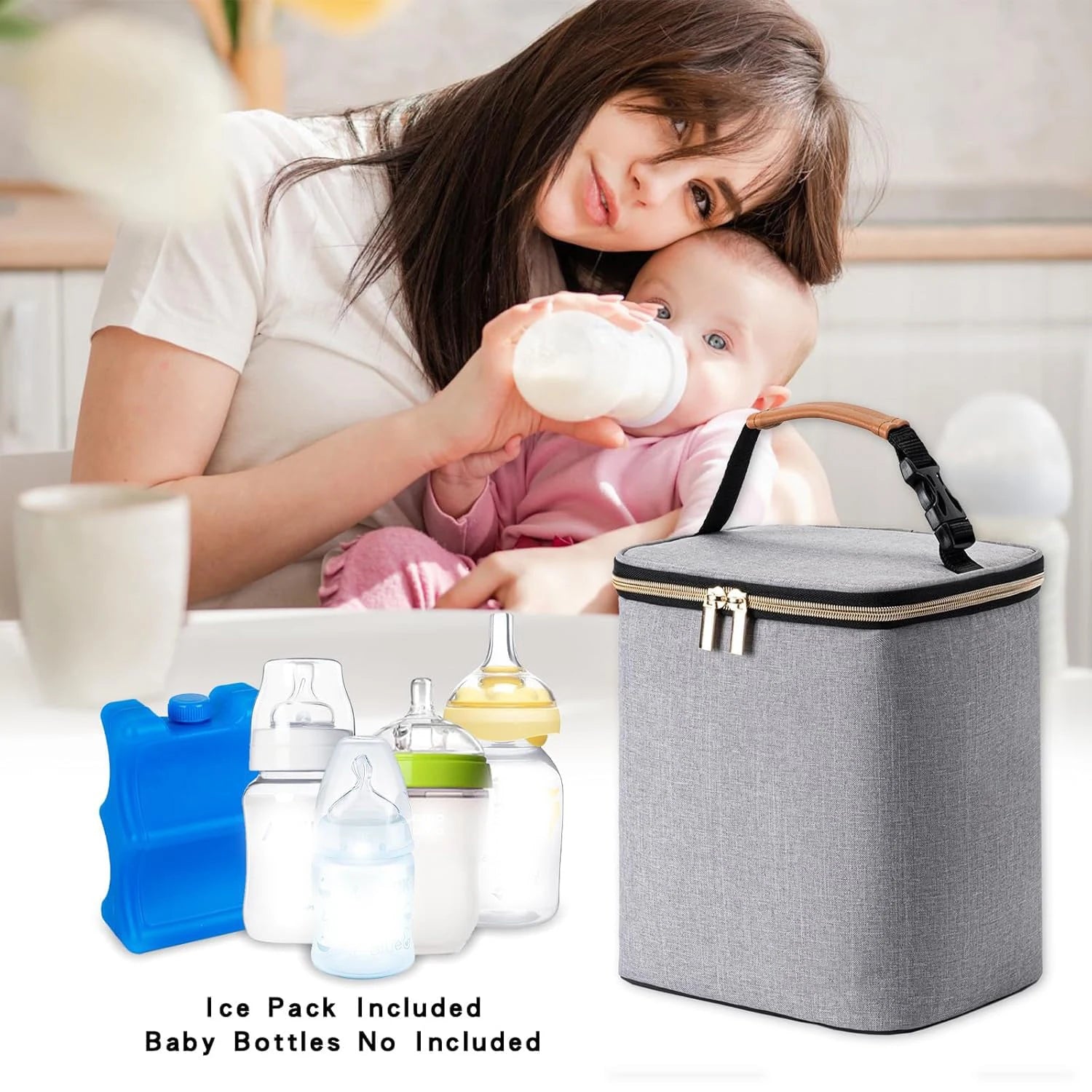 Breast Milk Cooler Bag with Ice Pack Fits 4 Baby Bottles Up to 9 Ounce, Baby Bottle Bag for Nursing Mom Daycare