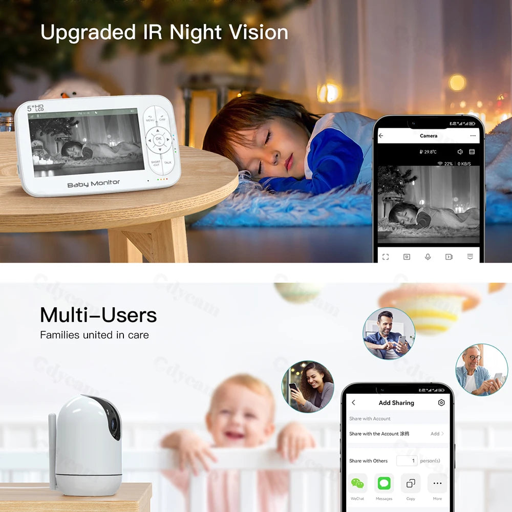 5" WiFi Baby Monitor 4x Zoom PTZ Cam Tuya APP+monitor Dual Control Electronic Baby Sitter Two Way Audio Night Vision Babyphone