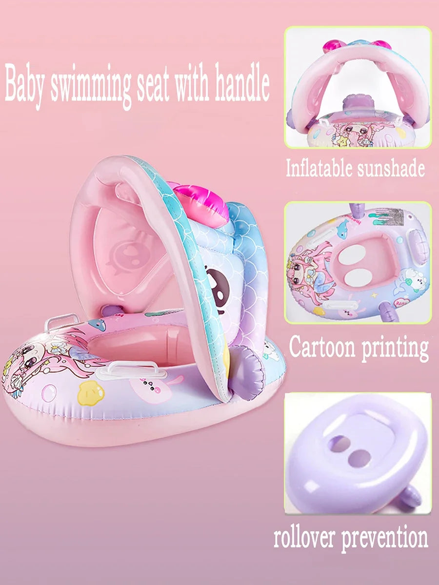 Cartoon Inflatable Toys Float Seat with Animal Printed Detachable Dual-purpose Shade Baby Water Toys Pool Bathroom Swimming Ring