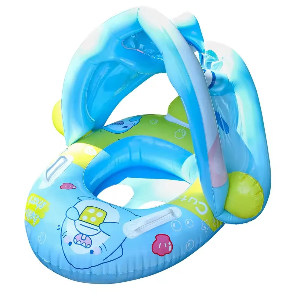 Cartoon Inflatable Toys Float Seat with Animal Printed Detachable Dual-purpose Shade Baby Water Toys Pool Bathroom Swimming Ring