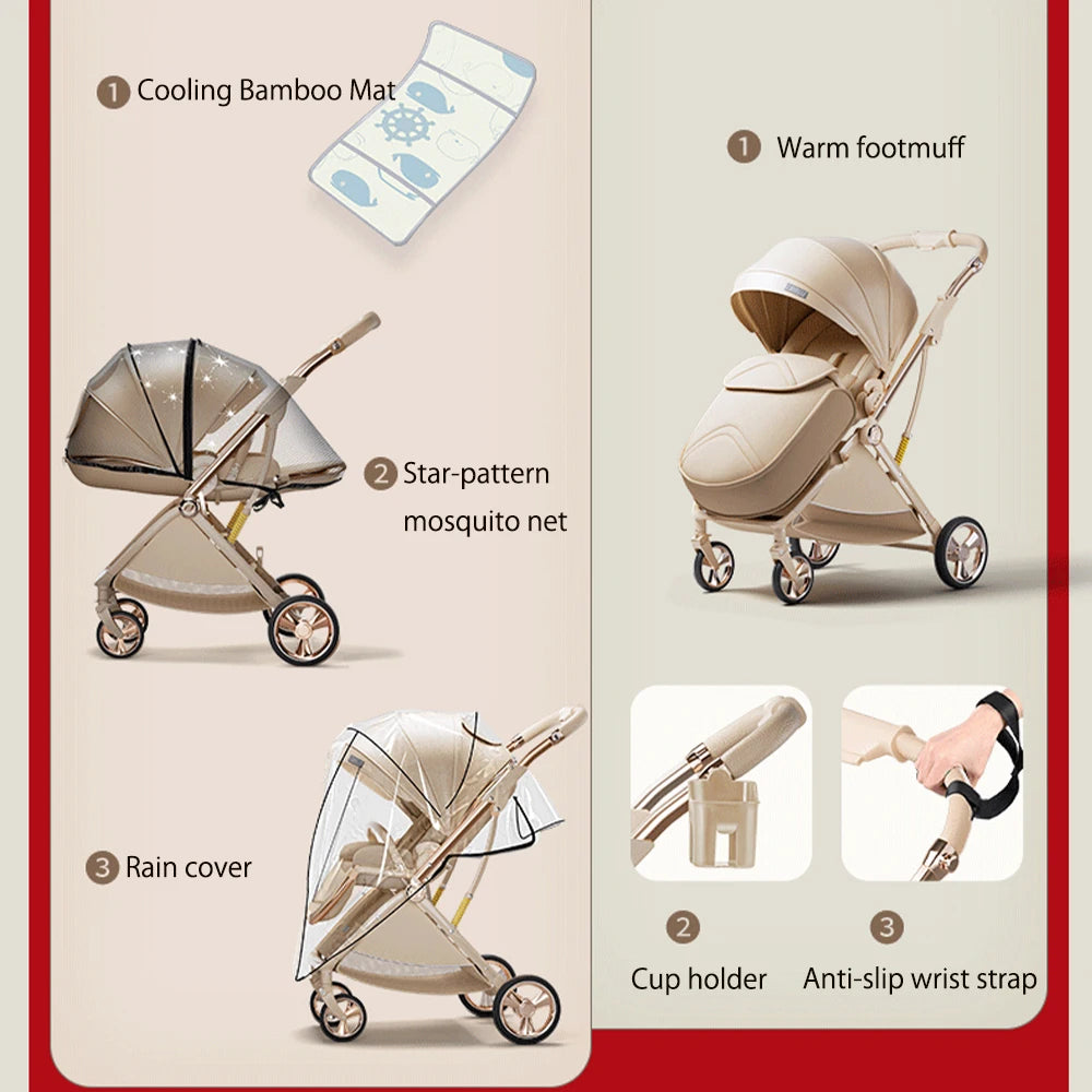 Luxurious Lightweight High-View Reversible Stroller for Newborns & Toddlers – Sit/Lie & Compact Fold