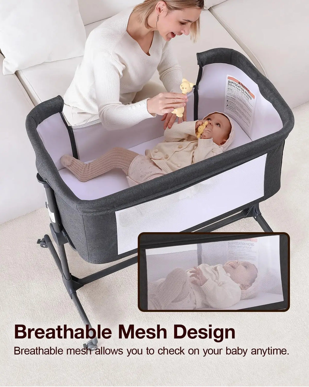 Baby Bassinet, 3 in 1 Bassinets Bedside Sleeper Crib Sleeper for Newborn, Portable Crib Adjustable 7 Height Bedside Bassinet wit