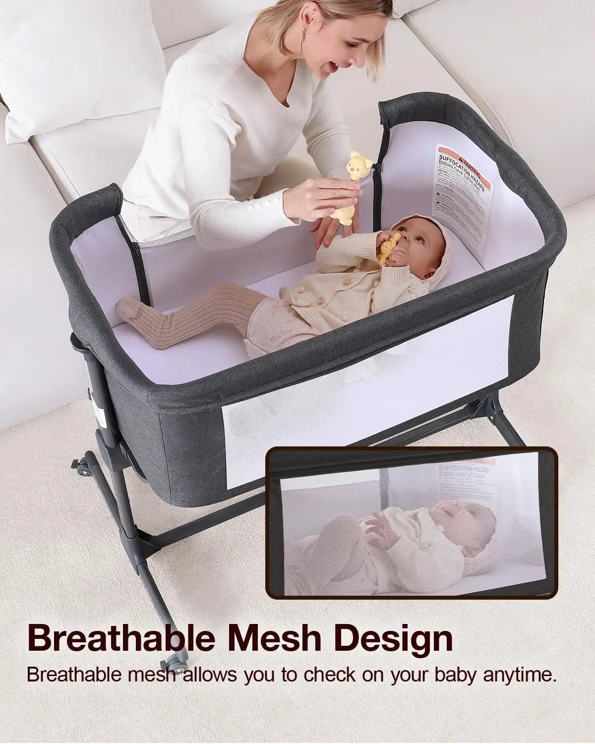 Baby Bassinet, 3 in 1 Bassinets Bedside Sleeper Crib Sleeper for Newborn, Portable Crib Adjustable 7 Height Bedside Bassinet wit