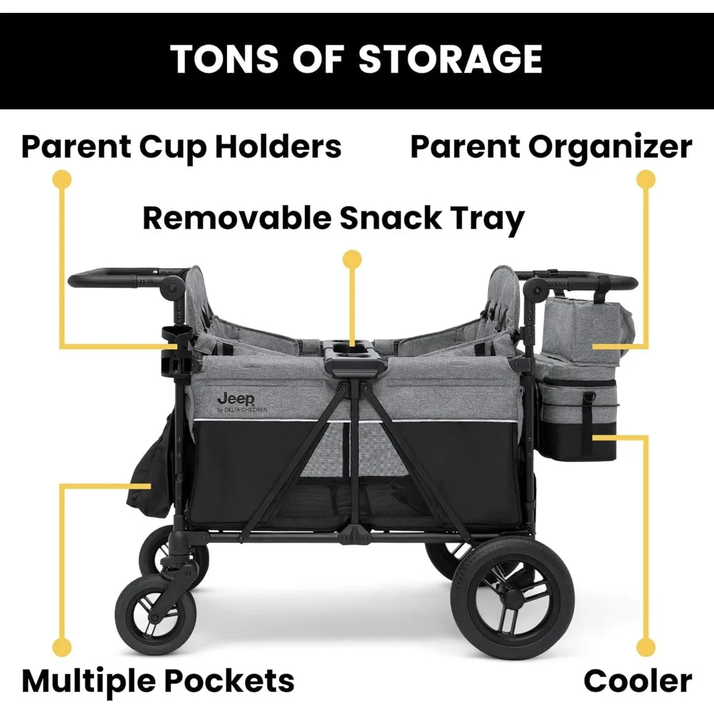 Furniture Accessories-Premium 4 Seater Stroller Wagon Convertible Seats Adjustable Push Pull Handles Removable Canopy Flat Fold
