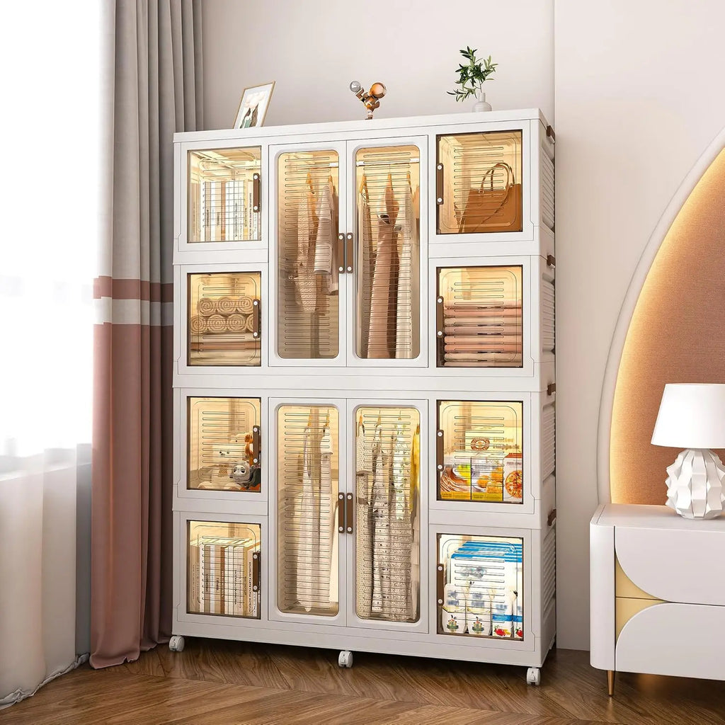 Portable Wardrobe Closet Storage Organizer 12 Magnetic Doors 12 Cubes 2 Hanging Rods 16 Hangers Baby Clothes Cabinet,Customized