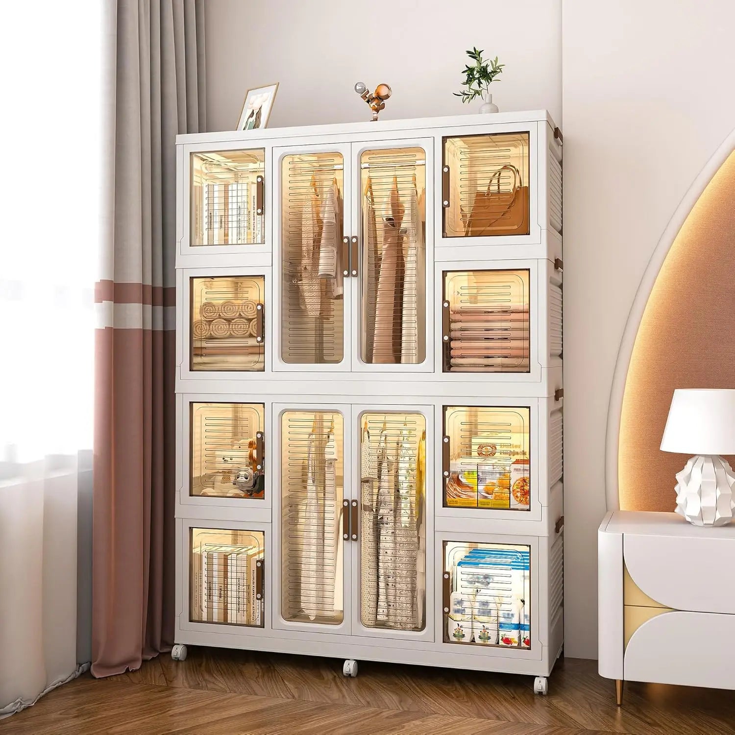 Portable Wardrobe Closet Storage Organizer 12 Magnetic Doors 12 Cubes 2 Hanging Rods 16 Hangers Baby Clothes Cabinet,Customized