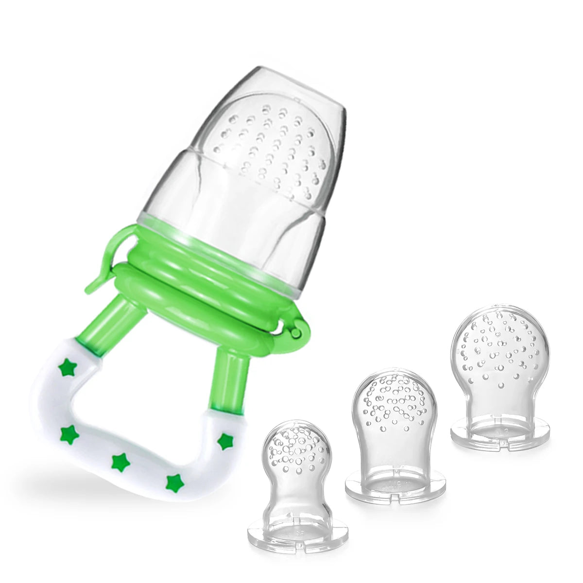 TYRY.HU 4Pcs Baby Toddler Fruit Vegetable with Handles Perfect Food Supplement Food Feeder with 3 Different Size Pacifier Tips