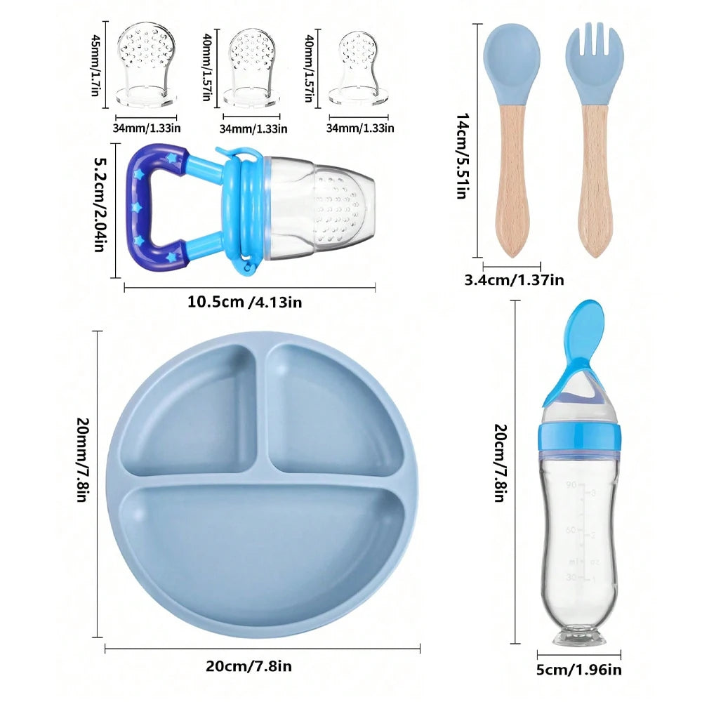TYRY.HU Children's Tableware Set with Silicone Dining Plate Suction Wooden Handle Fork Spoon And Silicone Fruit Vegetable Bottle