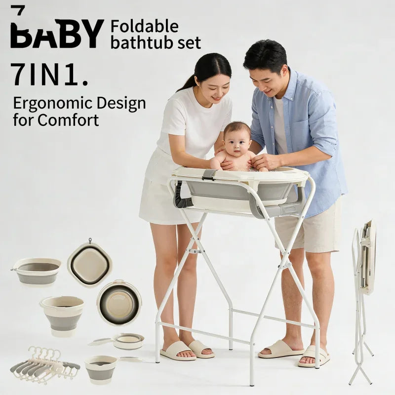7-in-1 Baby Bath Tub Set with Temperature Display Folding Bathtub Non-Slip Stand Shower Table And Clothes Rack for Infants And