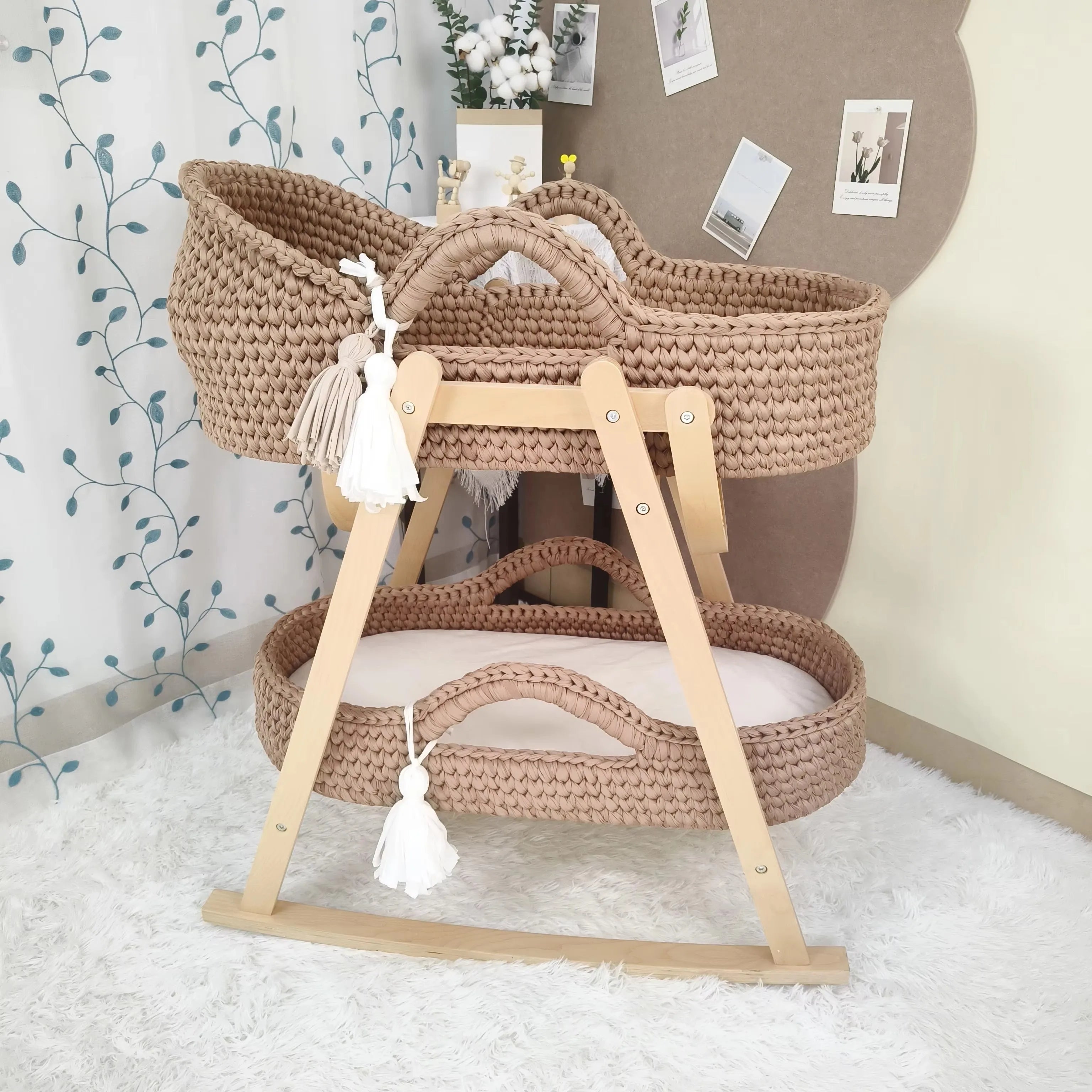 Newborn Baby Nest Lounger Cradle Crib with Wooden Frame Hand-Crocheted Bassinet Soft Mattress Portable Infant Sleeping Bed