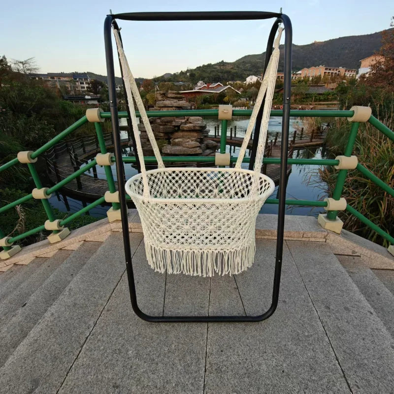 Nordic style hanging hammock baby cradle hand-woven products hollow mesh cotton rope baby fringed hammock manufacturer