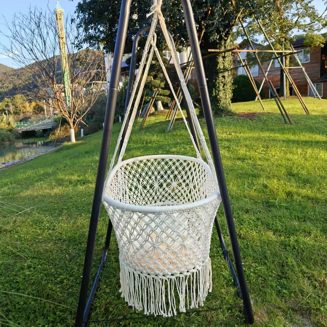 Nordic style hanging hammock baby cradle hand-woven products hollow mesh cotton rope baby fringed hammock manufacturer