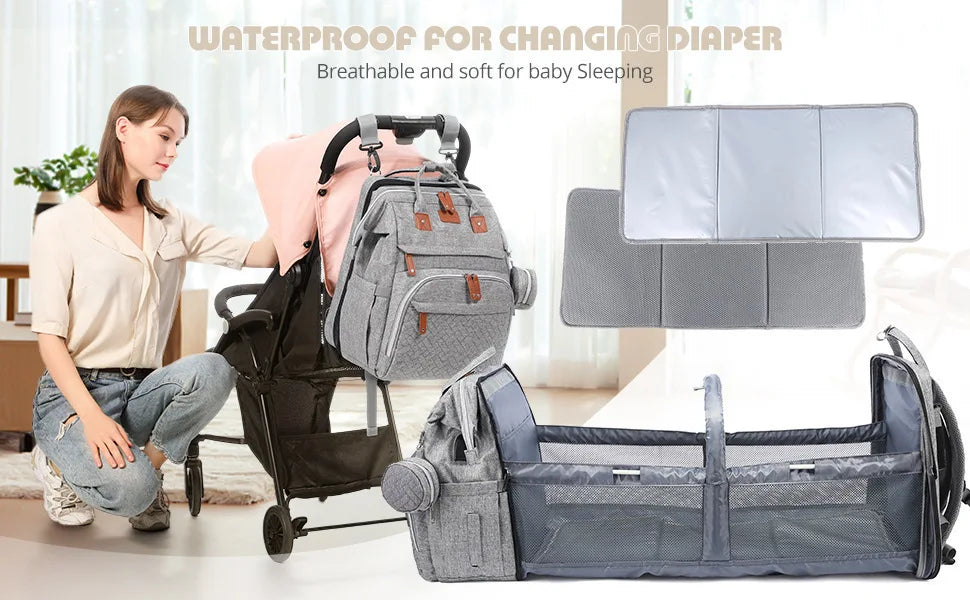 Multifunctional Bed Diaper Backpack Baby Girl Boy Nappy Changing Bag Large Capacity Folding Crib Nursing Mommy Bag for Travel