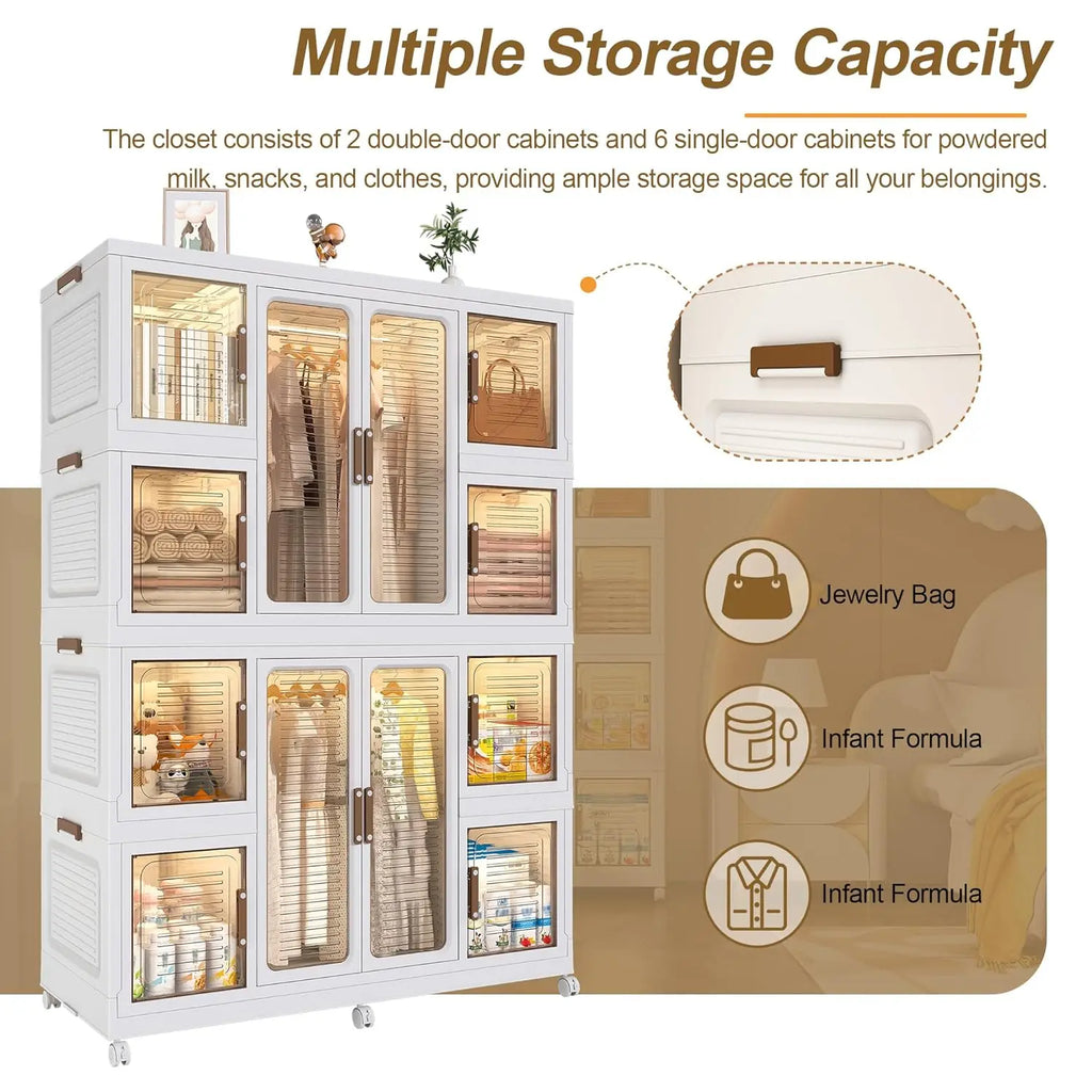 Portable Wardrobe Closet Storage Organizer 12 Magnetic Doors 12 Cubes 2 Hanging Rods 16 Hangers Baby Clothes Cabinet,Customized