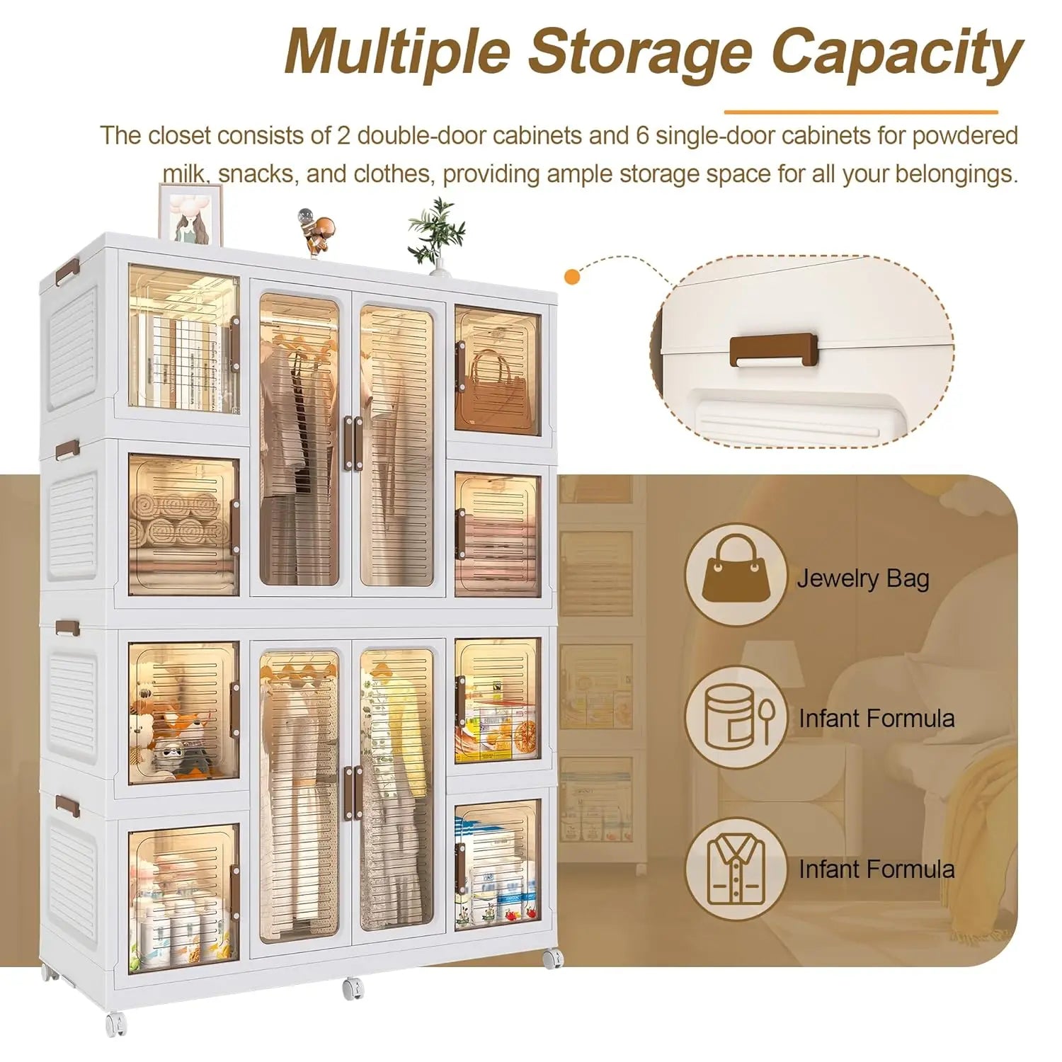Portable Wardrobe Closet Storage Organizer 12 Magnetic Doors 12 Cubes 2 Hanging Rods 16 Hangers Baby Clothes Cabinet,Customized