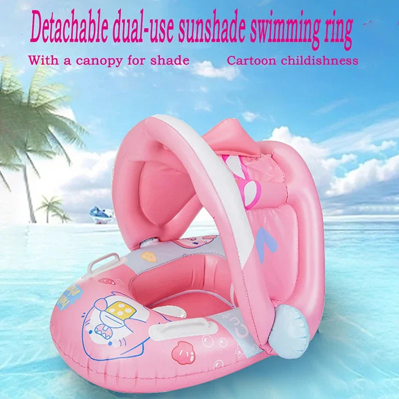 Cartoon Inflatable Toys Float Seat with Animal Printed Detachable Dual-purpose Shade Baby Water Toys Pool Bathroom Swimming Ring