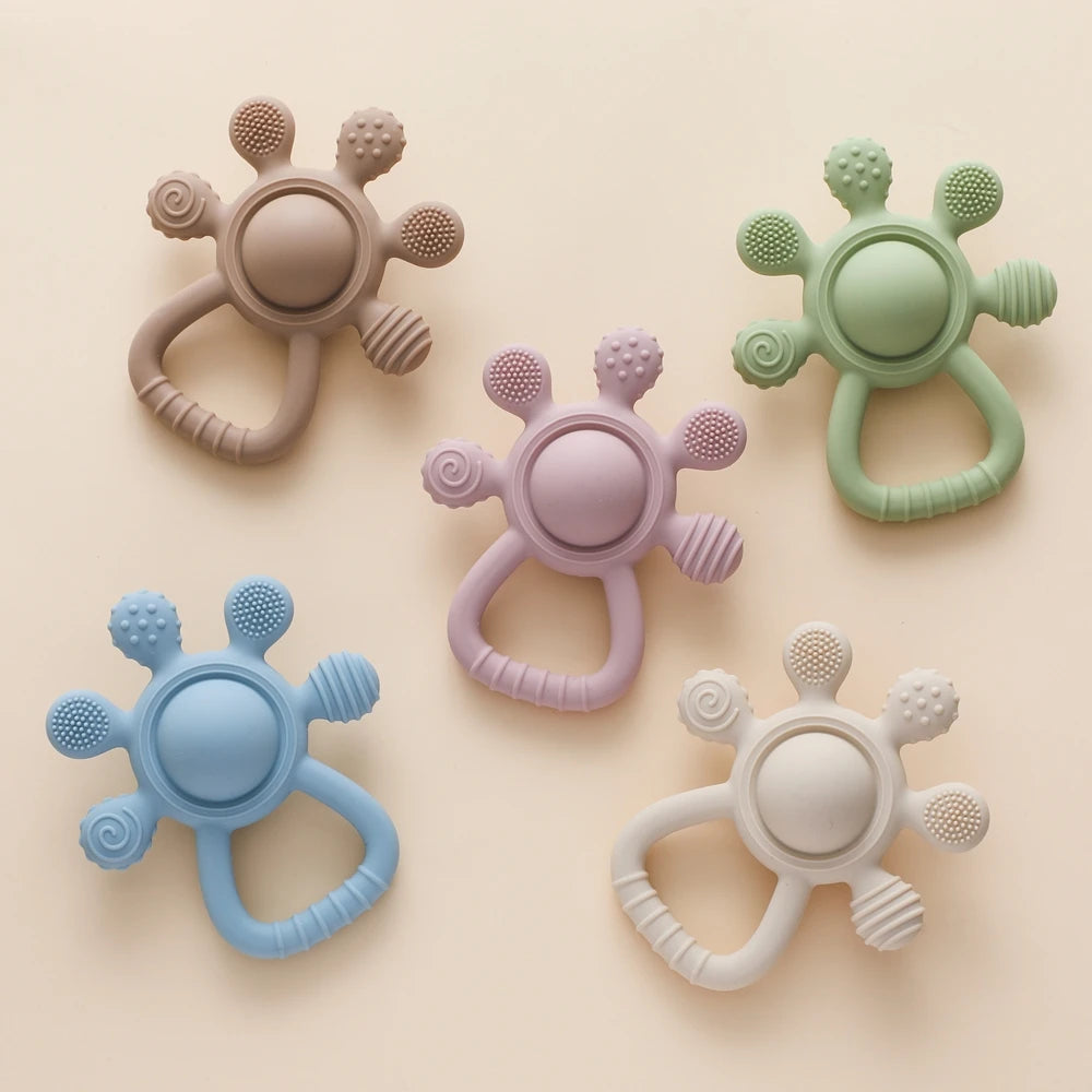 BPA Free Silicone Teether Food Grade Baby 0-12 Toys Teething Rattle Sensory Toys for Toddlers Silicone Hand Bell Soothing Toys