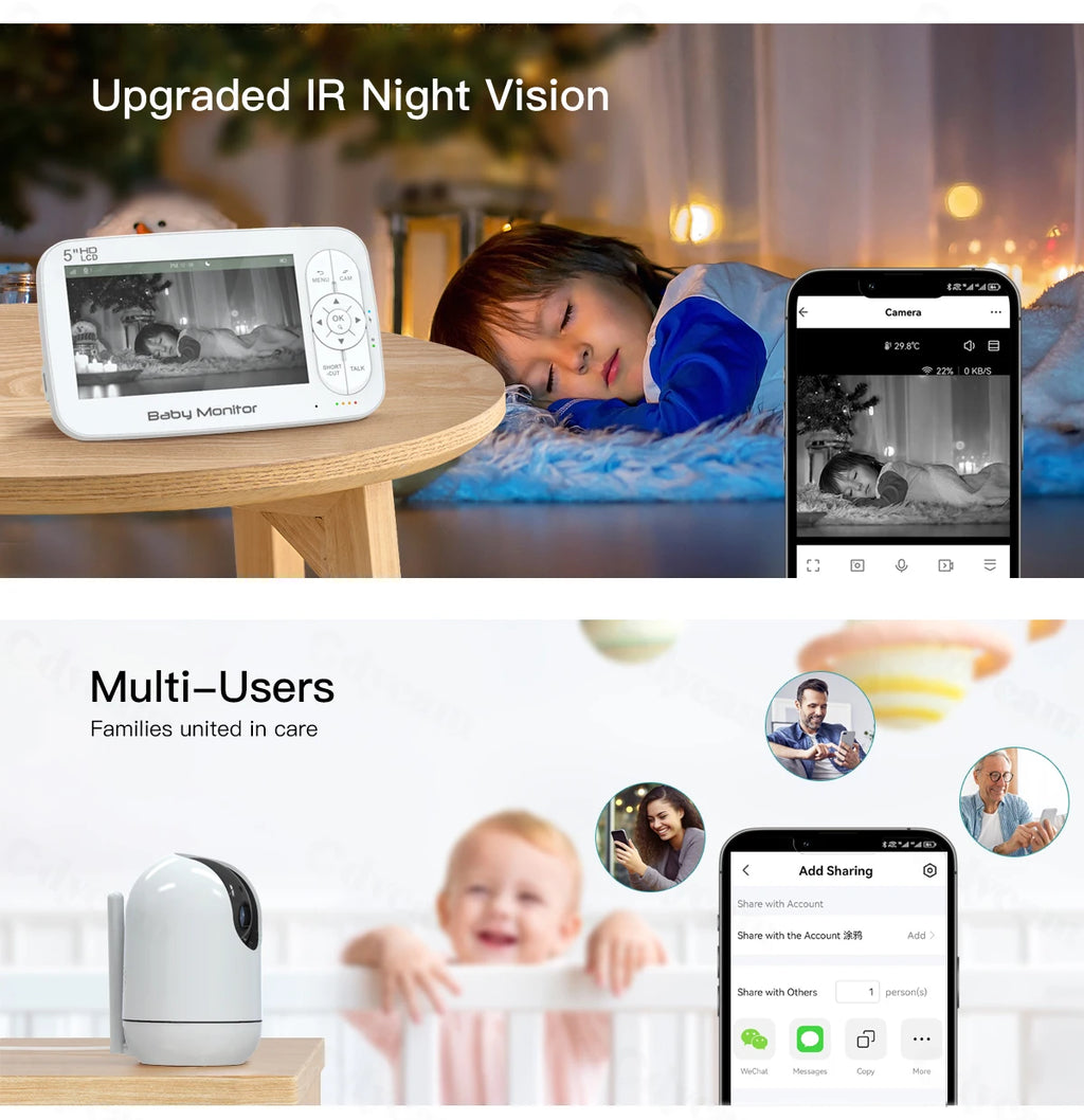5" WiFi Baby Monitor 4x Zoom PTZ Cam Tuya APP+monitor Dual Control Electronic Baby Sitter Two Way Audio Night Vision Babyphone