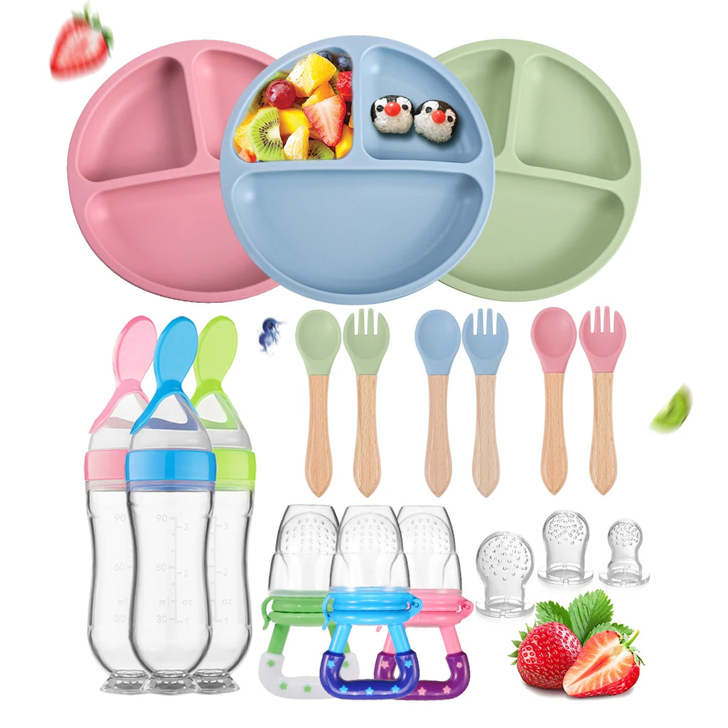 TYRY.HU Children's Tableware Set with Silicone Dining Plate Suction Wooden Handle Fork Spoon And Silicone Fruit Vegetable Bottle