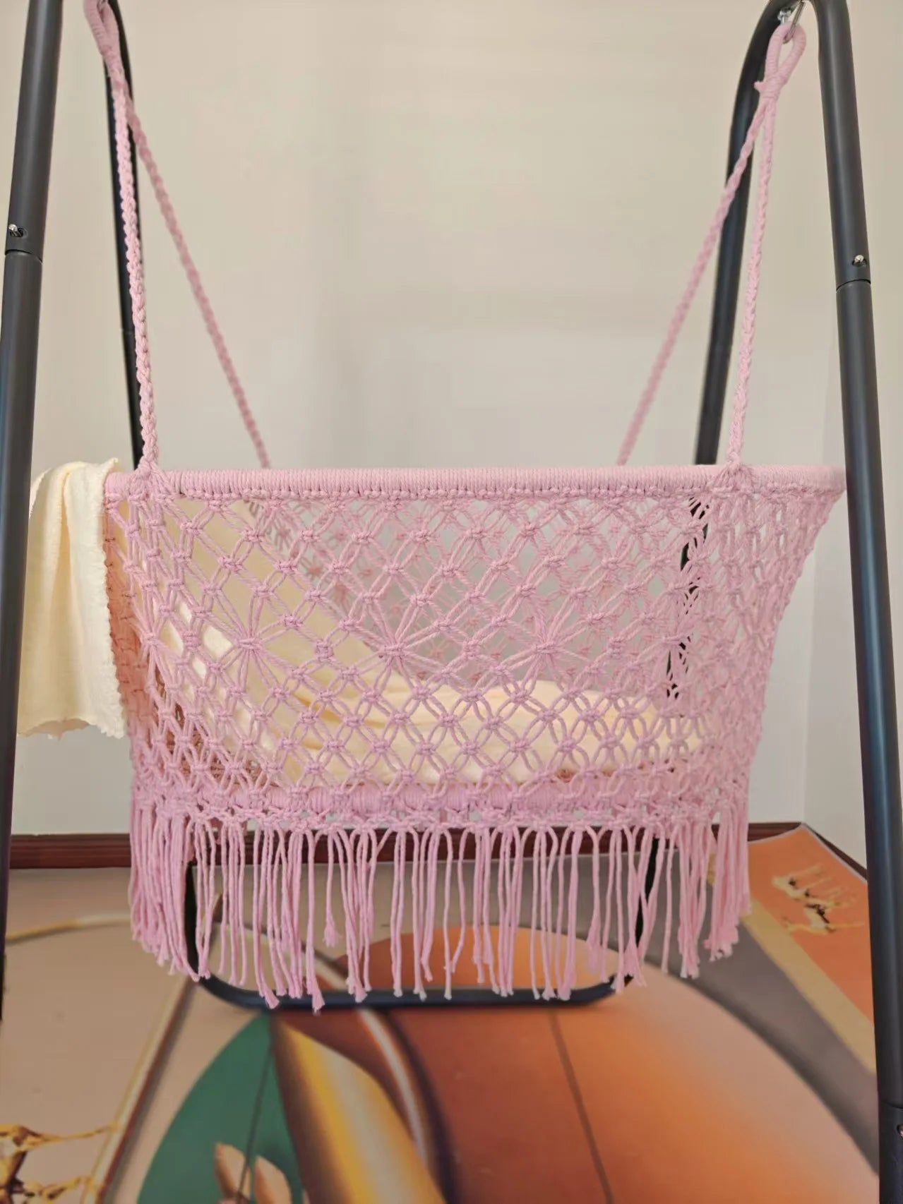 Nordic style hanging hammock baby cradle hand-woven products hollow mesh cotton rope baby fringed hammock manufacturer