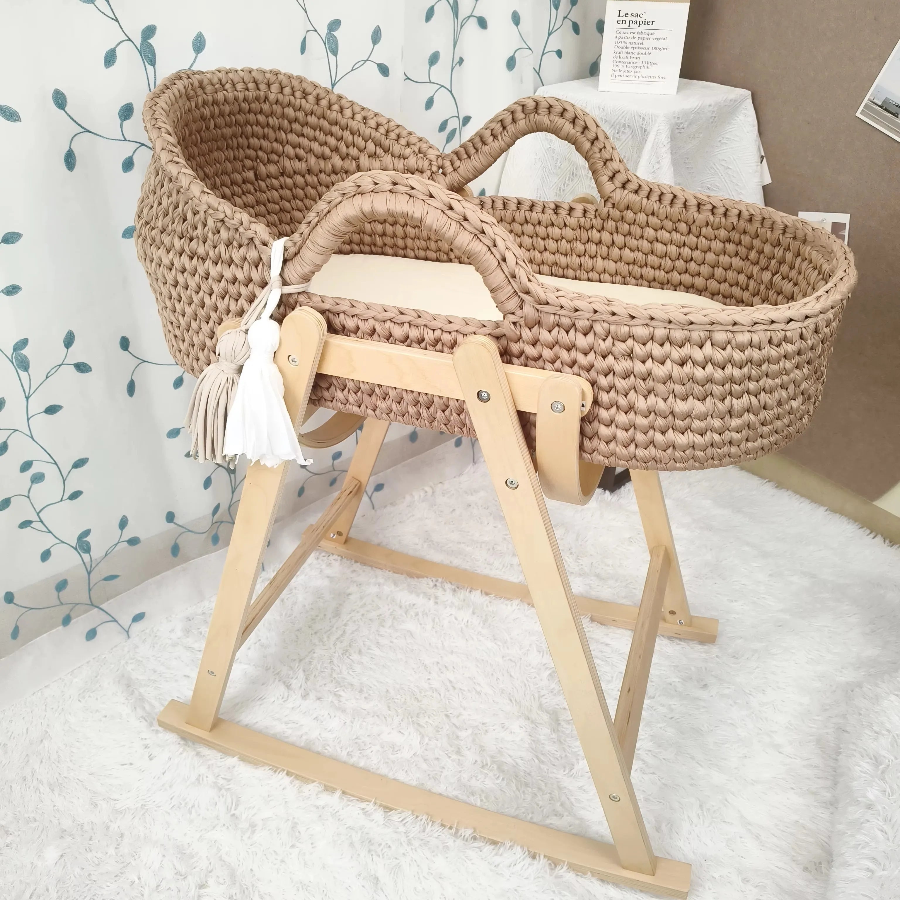 Newborn Baby Nest Lounger Cradle Crib with Wooden Frame Hand-Crocheted Bassinet Soft Mattress Portable Infant Sleeping Bed
