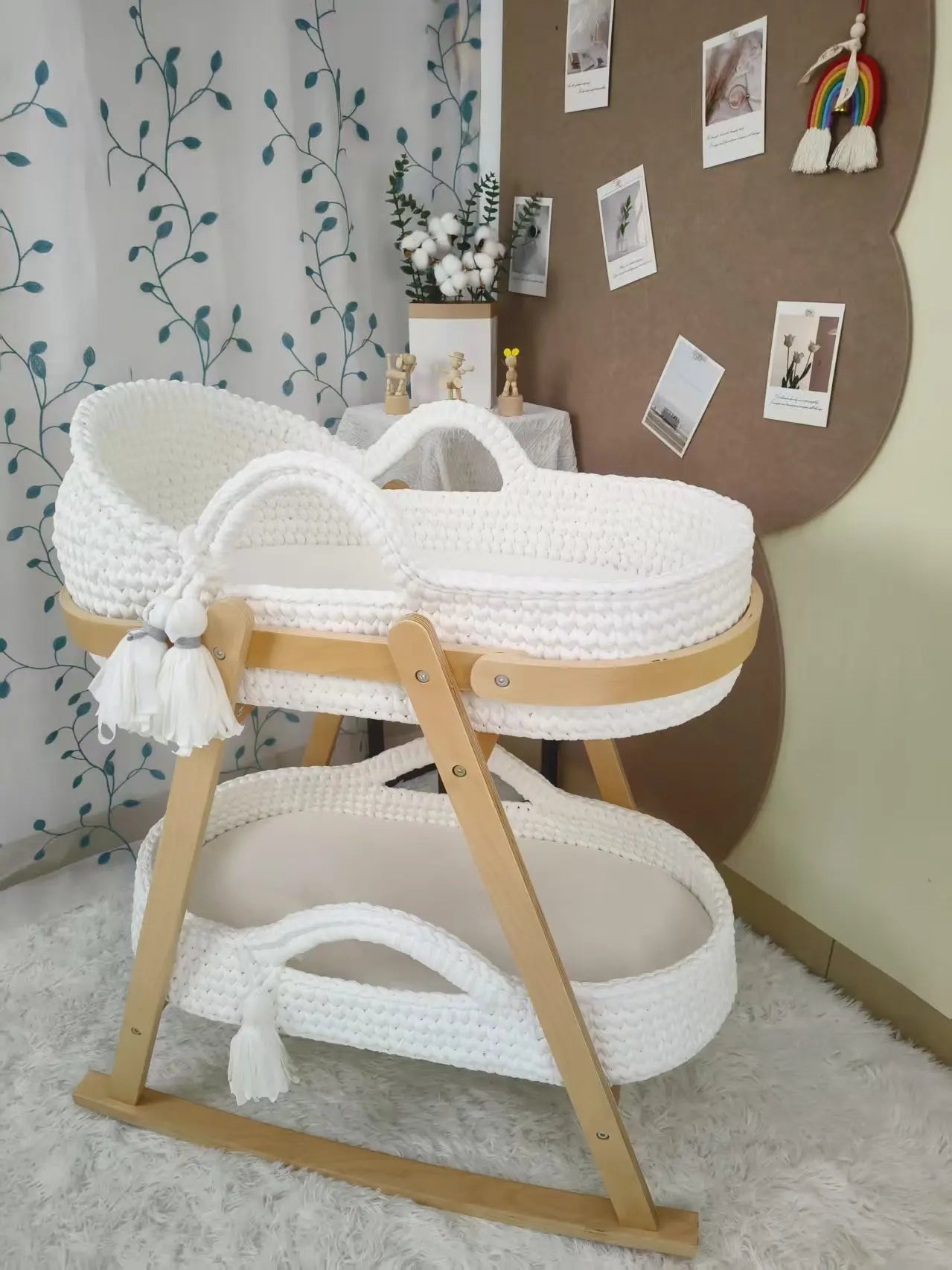 Newborn Baby Nest Lounger Cradle Crib with Wooden Frame Hand-Crocheted Bassinet Soft Mattress Portable Infant Sleeping Bed
