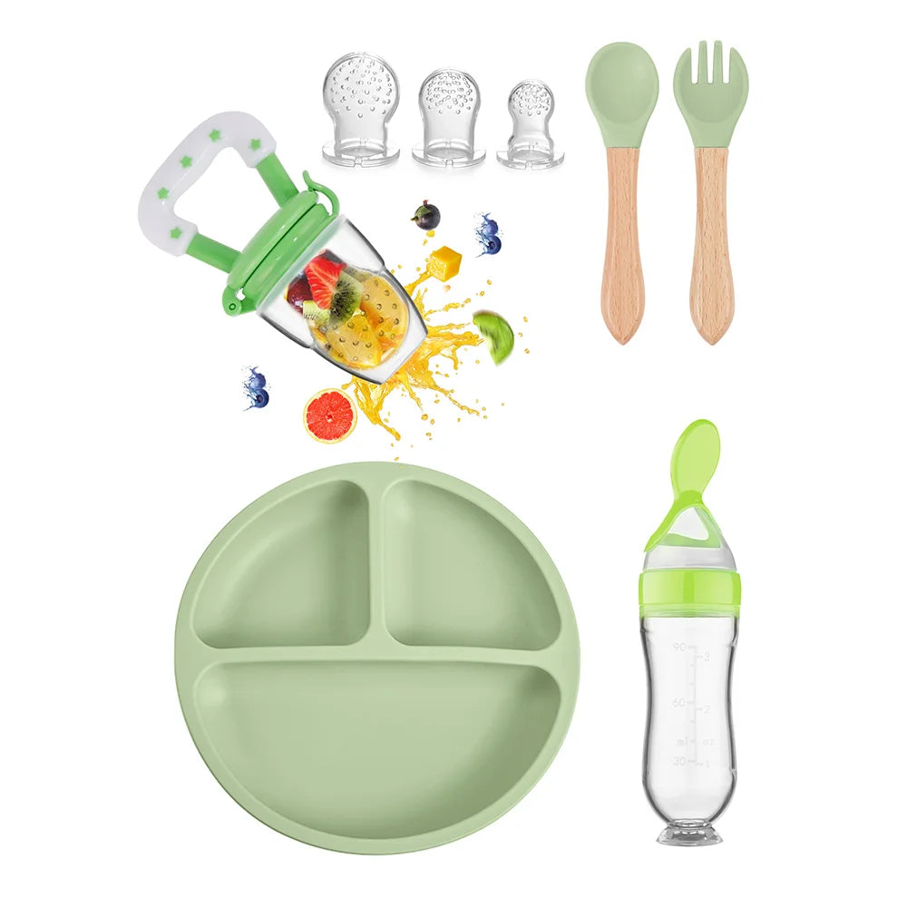 TYRY.HU Children's Tableware Set with Silicone Dining Plate Suction Wooden Handle Fork Spoon And Silicone Fruit Vegetable Bottle