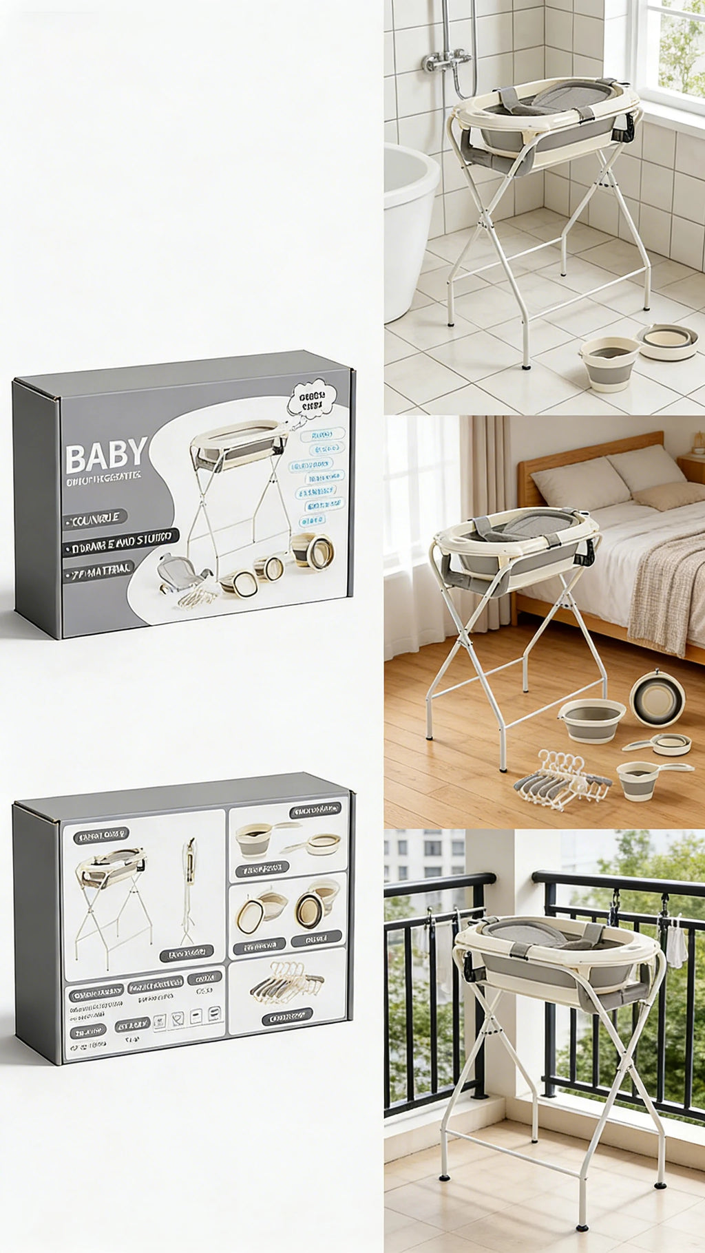 7-in-1 Baby Bath Tub Set with Temperature Display Folding Bathtub Non-Slip Stand Shower Table And Clothes Rack for Infants And