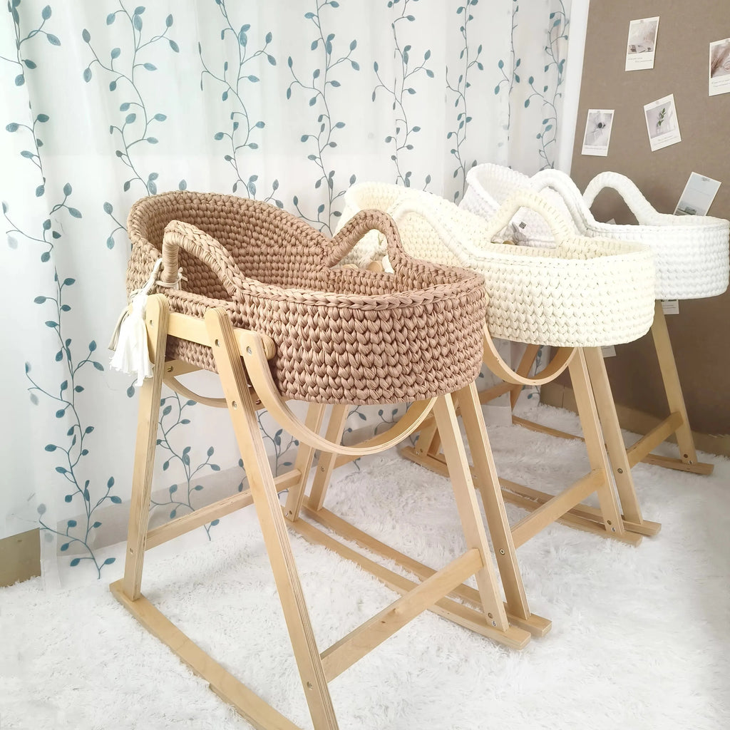 Newborn Baby Nest Lounger Cradle Crib with Wooden Frame Hand-Crocheted Bassinet Soft Mattress Portable Infant Sleeping Bed