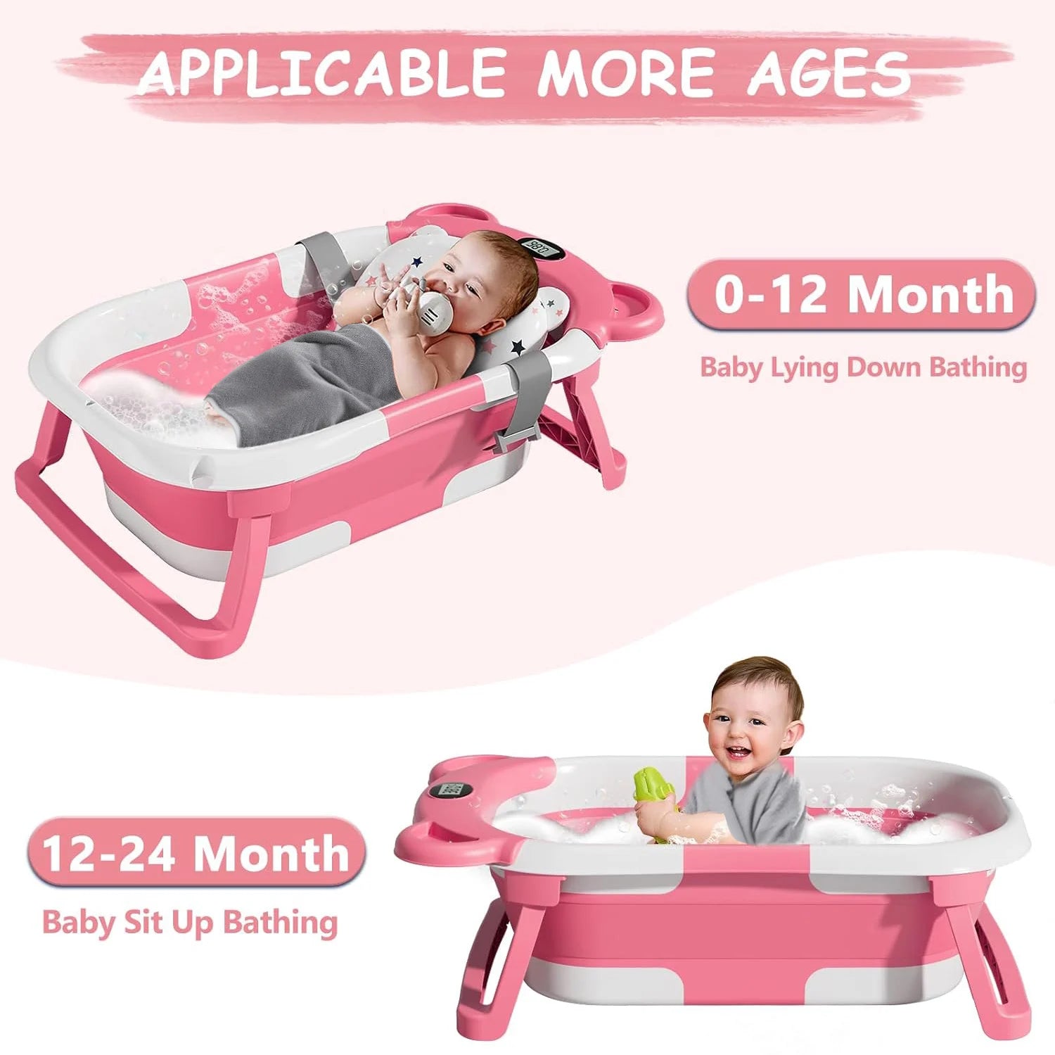 Portable Travel Bathtub, Collapsible Baby Bathtub, with Thermometer &1Soft Floating Cushion, with Drain Hole,For Baby 0-36 Month