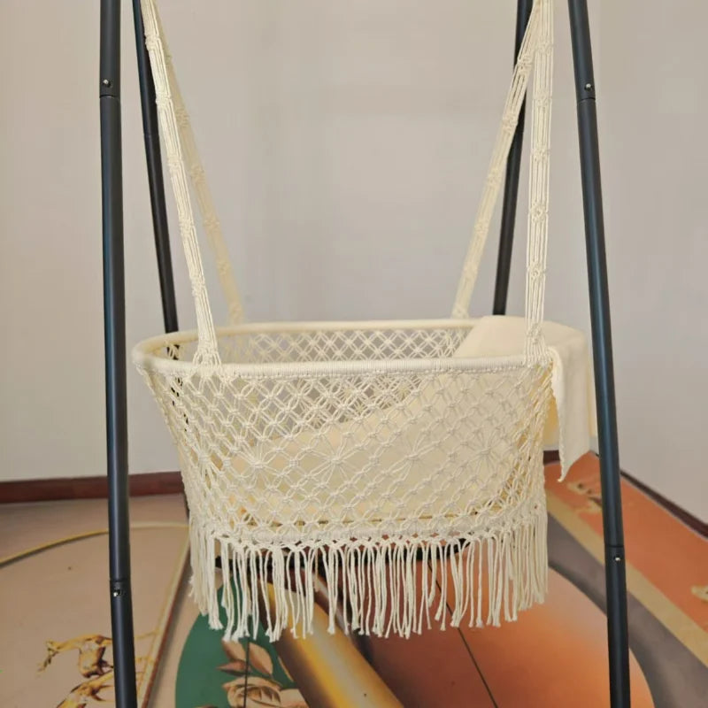 Nordic style hanging hammock baby cradle hand-woven products hollow mesh cotton rope baby fringed hammock manufacturer