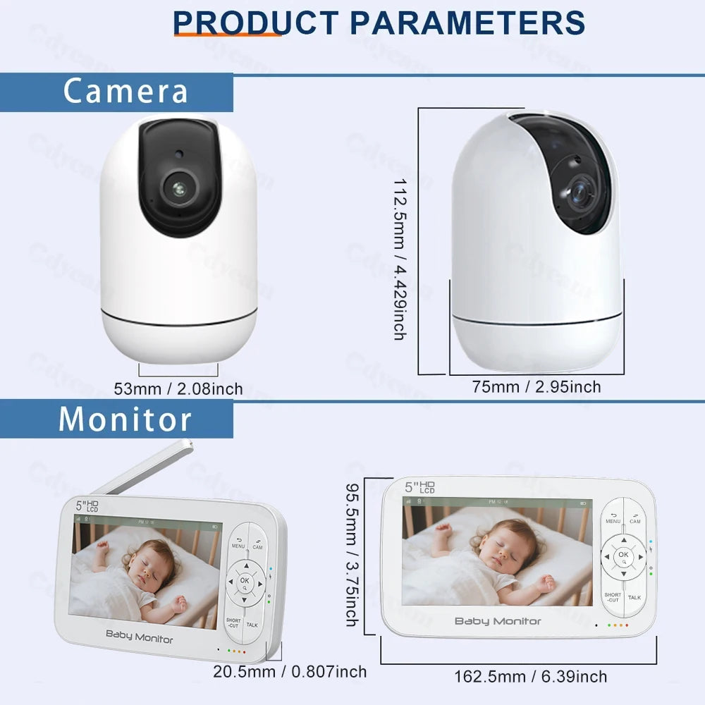 5" WiFi Baby Monitor 4x Zoom PTZ Cam Tuya APP+monitor Dual Control Electronic Baby Sitter Two Way Audio Night Vision Babyphone